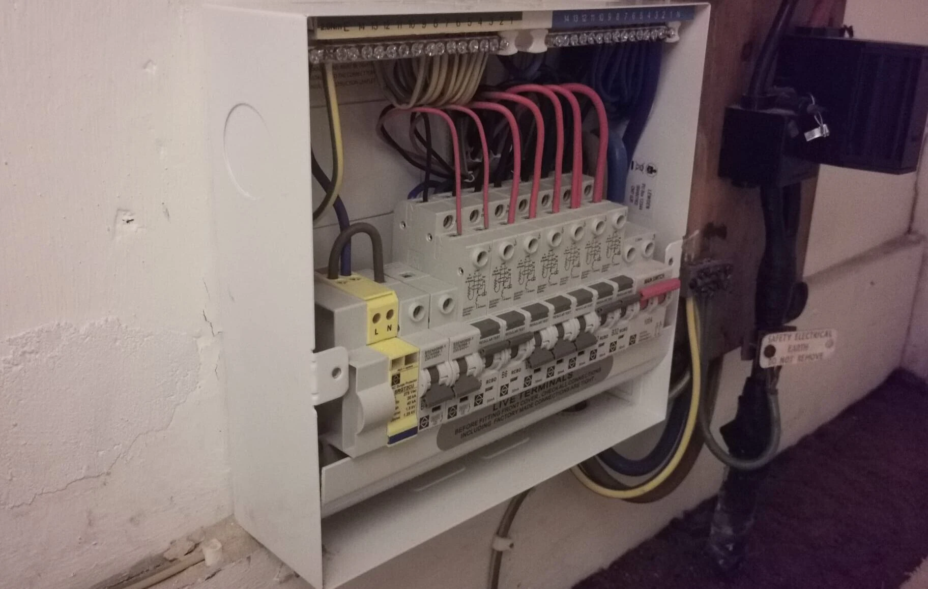 Electrical distribution board with installed circuits.
